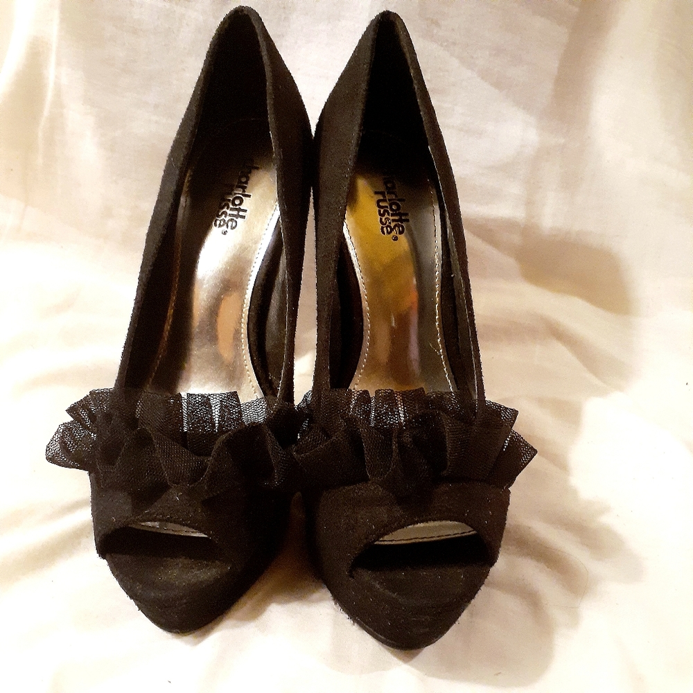 Black Open Toe Heels w/ Ruffles